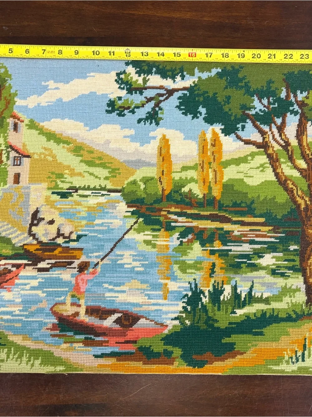 Vintage Needlepoint Tapestry French Country Fishing River Cottage Landscape 27x1